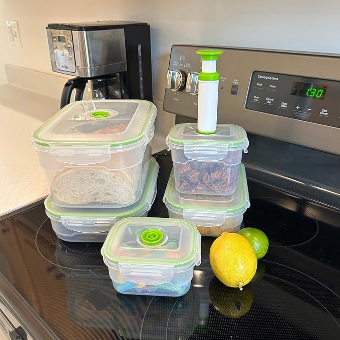 Lasting Freshness BPA-Free Plastic Vacuum Seal Containers with Hand Pump – Airtight Food Storage, Meal Prep & Pantry Organization, Preserves Freshness 5X Longer, 11-Piece Set