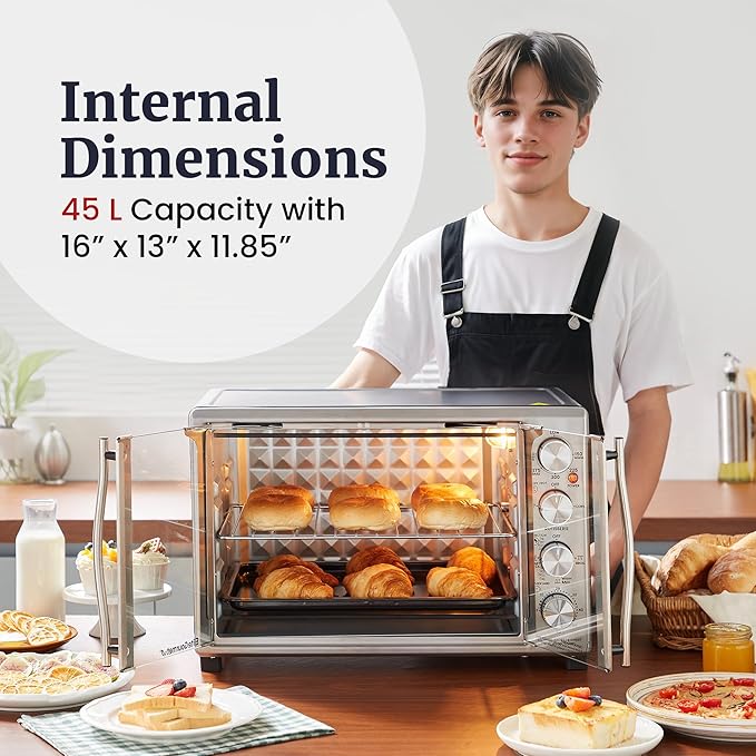 Elite Gourmet ETO4524 45L Countertop Convection Toaster Oven, French Doors, Adjustable Temperature & Timer, Bake, Roast, Broil, Toast, Includes Baking Pan, Rack, Rotisserie, Stainless Steel