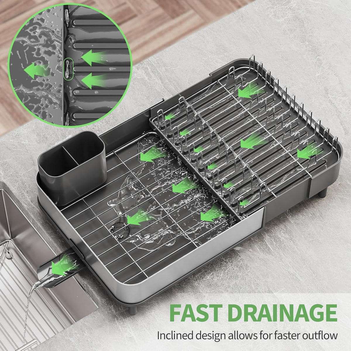 Dish Drying Rack for Kitchen Counter, 304 Stainless Steel Dish Rack, Expandable Dish Drainer, Foldable Dish Strainer, Extendable Dish Drainer Rack with Cutlery Holder, Kitchen Plate Rack