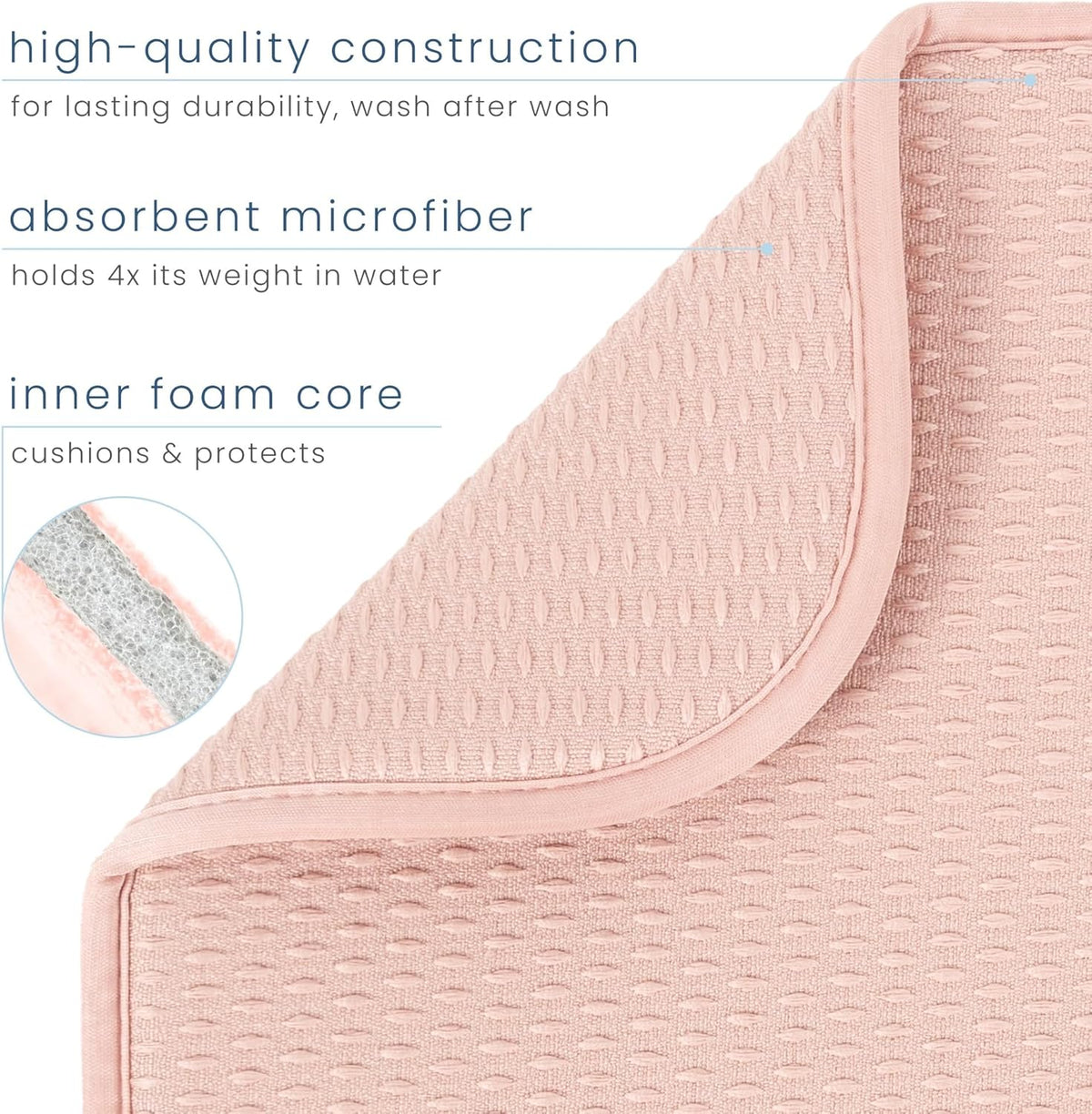 S&T INC. Dish Drying Mat, 16” x 18”, Absorbent Microfiber Kitchen Counter Mat, Drying Pad for Dishes, Utensils, Pots and Pans, Large, Diamond Texture, Pink