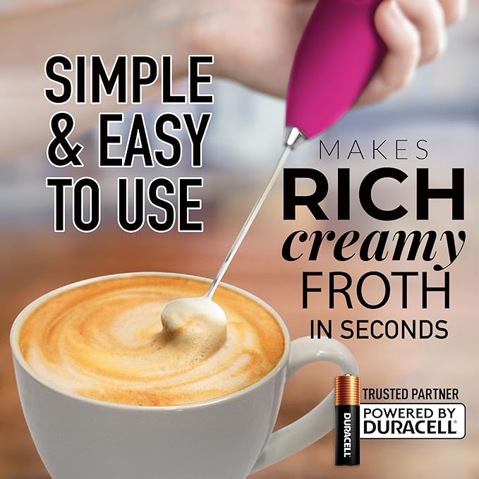 Zulay Kitchen Milk Frother Handheld Electric Whisk with AA Duracell Batteries – Durable Drink Mixer for Coffee, Lattes, Cappuccinos & More - Hot Pink