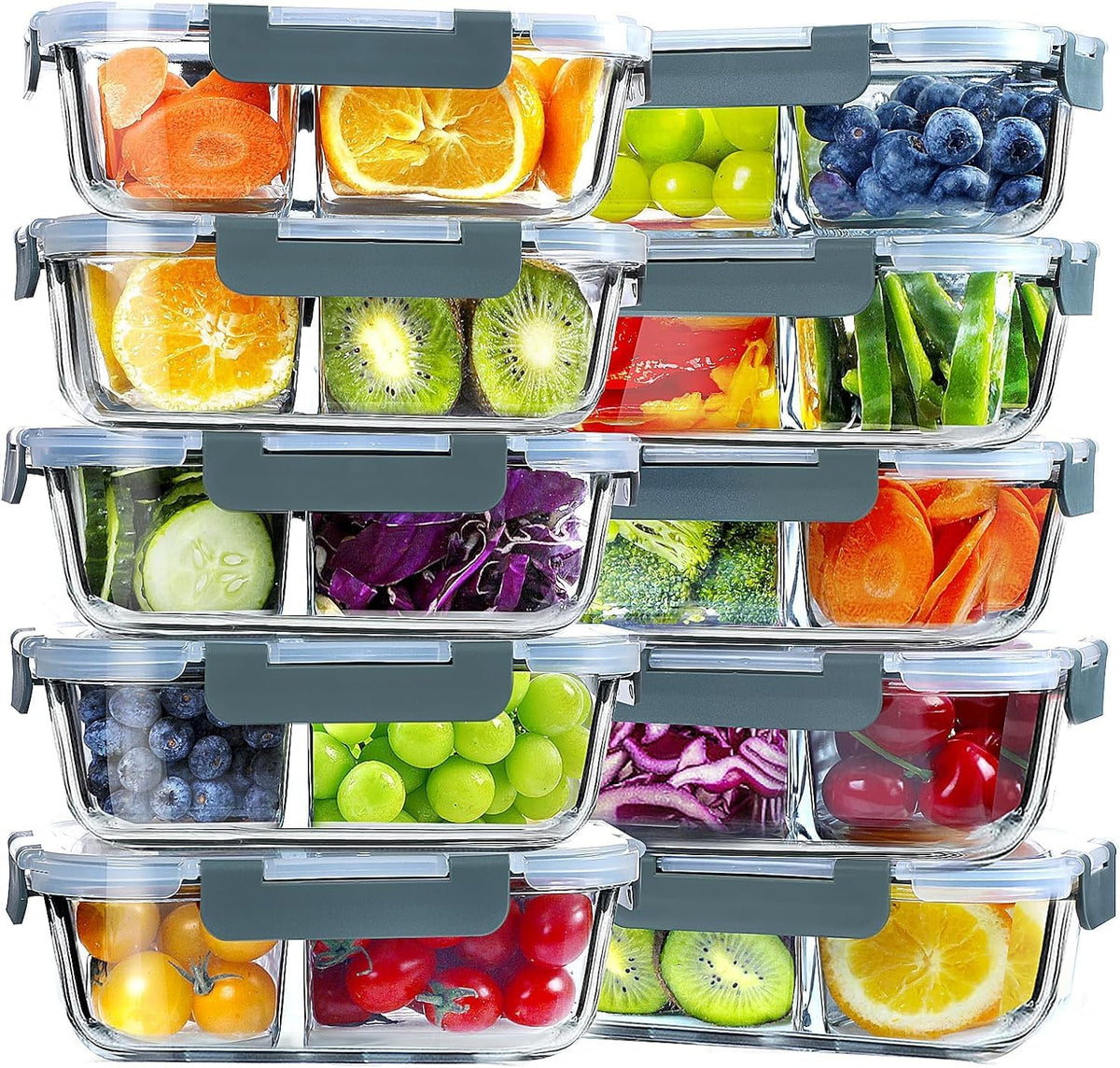VERONES 10 Pack Glass Meal Prep Containers 2 Compartment Set, 30 OZ Airtight Glass Lunch Containers, Glass Food Storage Containers with Lids, for Microwave, Oven, Freezer & Dishwasher Friendly，Grey