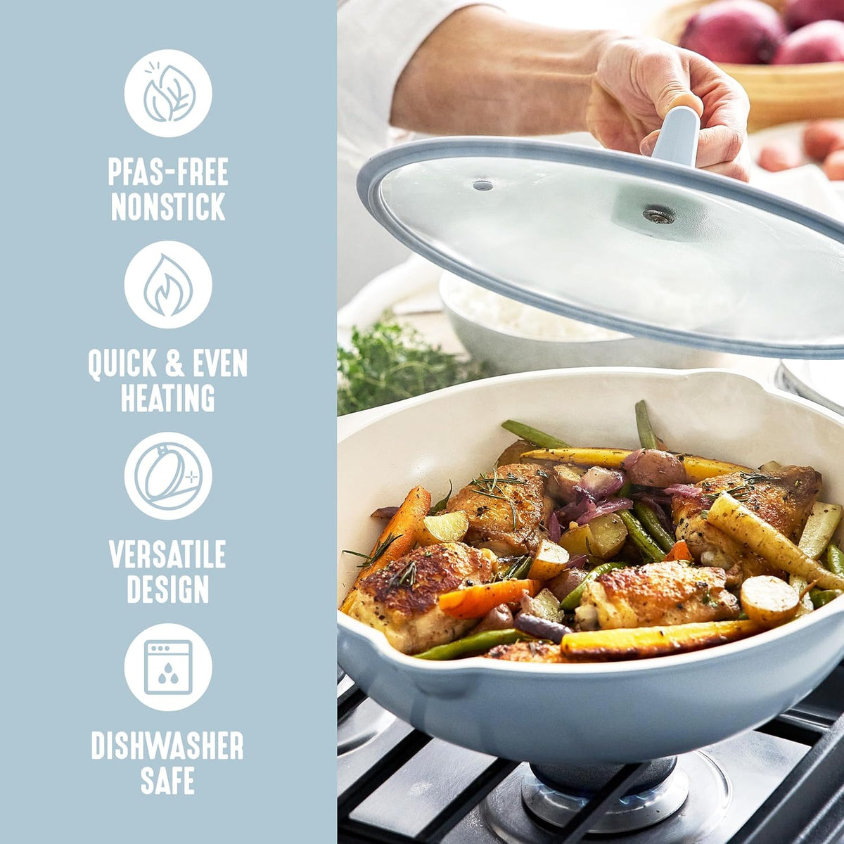 GreenLife Nonstick 12” (5QT) All in One Deep Skillet Wok with Lid, PFAS-Free Non-Toxic Ceramic Multi-Purpose Pan, Induction, All Stovetop, Egg, Stir Fry, Saute, Stay Cool Handle, Blue Haze