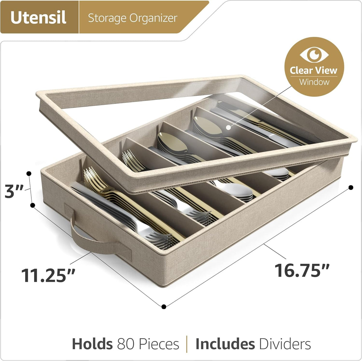 Sorbus Flatware & Utensil Storage - Fabric Chest Box for Storage and Organizing Utensils, Silverware, Flatware, Cutlery - Silverware Organizer Container with Clear Lid & Adjustable Divider
