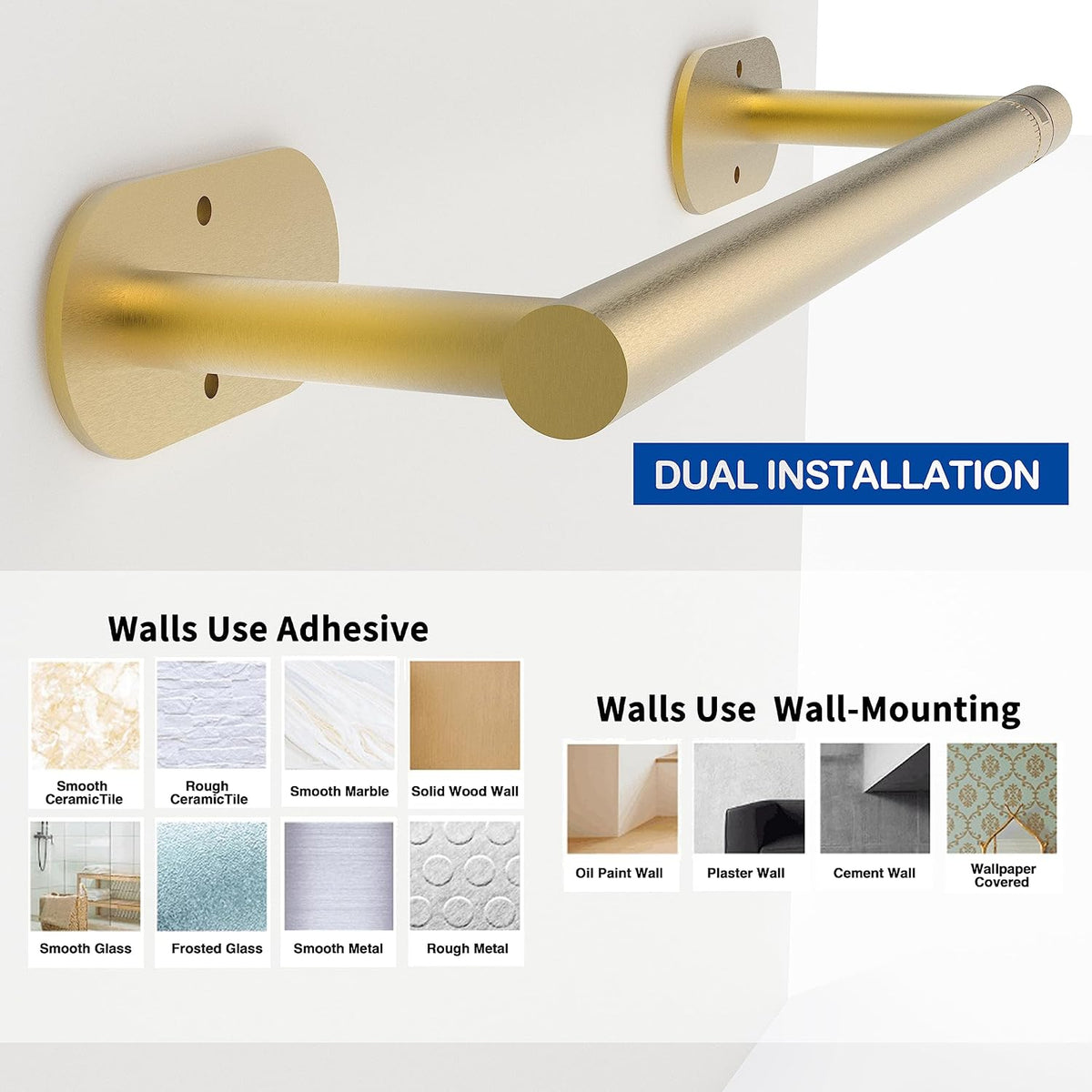 Ruacq Brushed Gold Paper Towel Holder Double Post Pivoting Round Base Under Cabinet Paper Towel Holder for Kitchen Self-Adhesive or Drill mounting