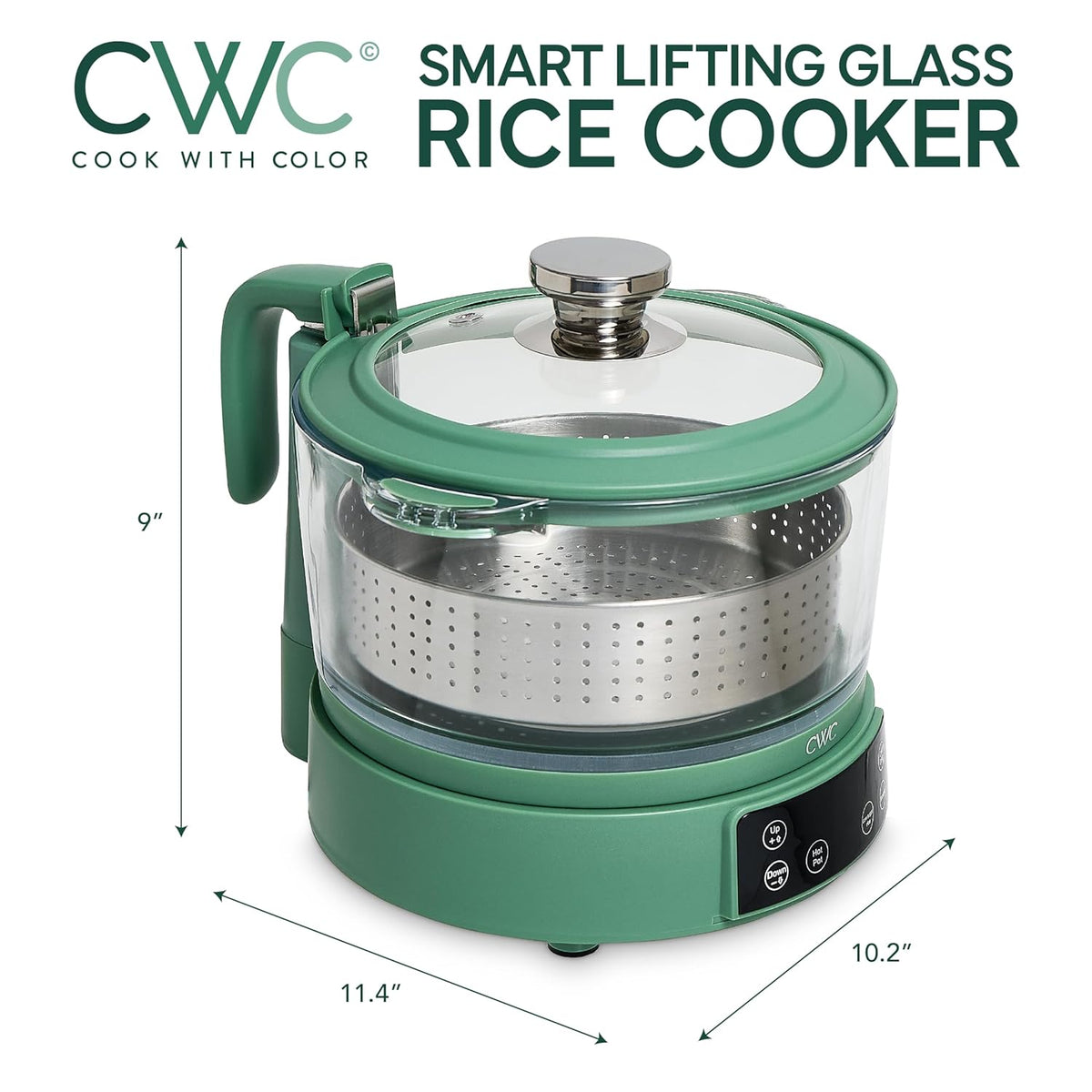 COOK WITH COLOR 3L Glass Low Carb Rice Cooker - Makes 6 Cups Cooked Low Sugar Rice with Auto Lift Filter Basket, Hotpot & Steamer for Rice, Grains and Oats, Digital Panel with Keep Warm, Dark Sage