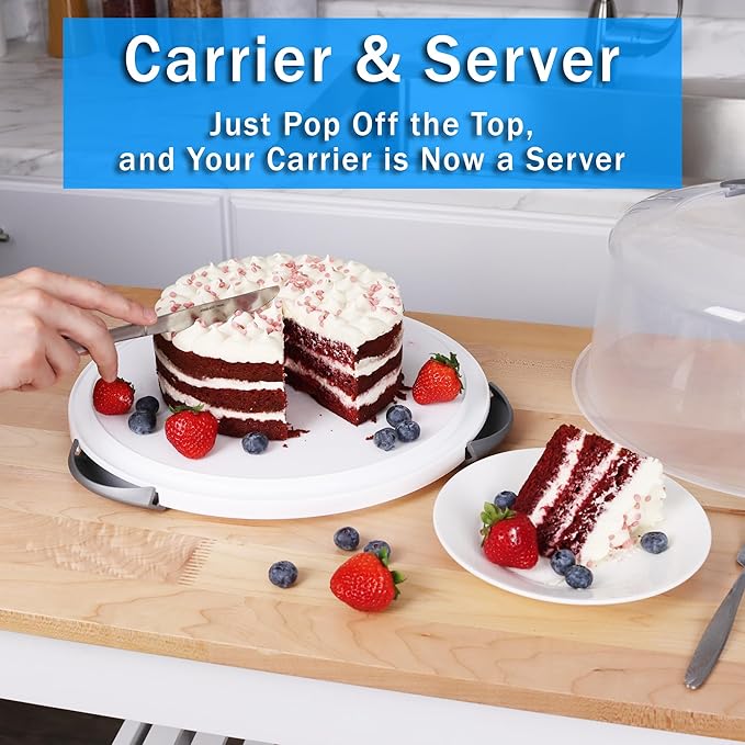 Extra Large Cake Carrier/Storage Container With Server - Holds up to 12 Inch 3-Layer Cake, Plate With Lid/Holder With Lid/Cover Clear Dome - Transports Pies or Other Desserts