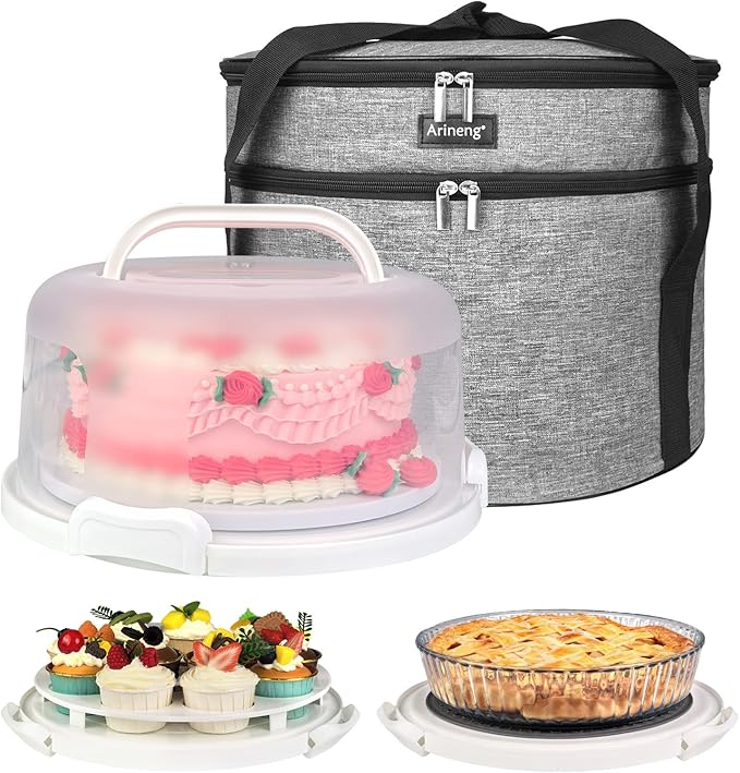 10 inch Round Cake Carrier Box with Lid and Handle, Transportation Insulated Bag for Cakes, Cupcakes and Pies, Triple Locking Design for Safe Transportation (Grey, 5.5 Inches High)