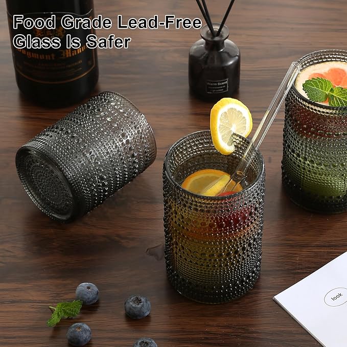 ZMOWIPDL Vintage Glassware Drinking Glasses Set of 12,Grey 12oz & 15oz Hobnail Glass Cups,Embossed Water Tumbler,for Beer,Cocktail,Whiskey,Juice and Various Mixed Drinks- 1 Cleaning Brush