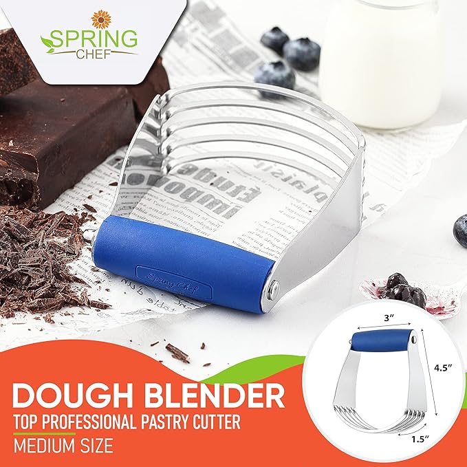 Spring Chef Medium Size Dough Blender For Baking, Dough Cutter Tool, Stainless Steel Puff Pastry Cutter Tool with Soft Grip Handle, Dishwasher Safe Pastry Blender for Easy Mixing - Sapphire