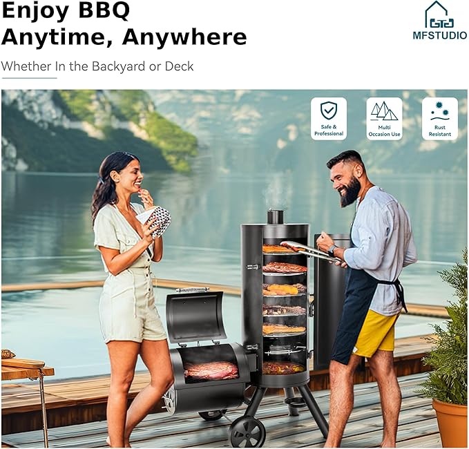 MFSTUDIO Vertical Offset Smoker Charcoal Grill,Extra Large BBQ Barrel Grills and Drum Smoker Combo with hanging racks and 5 removable grates for Smoking,ourdoor barbecue cooking,961 SQ.IN.Area
