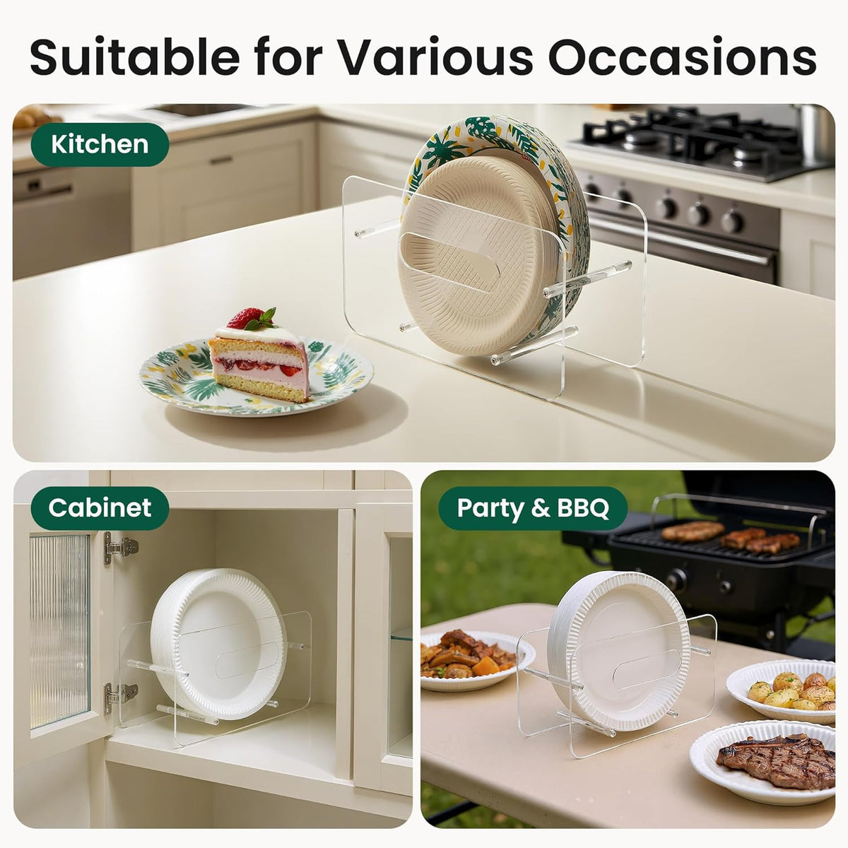 Disposable Paper Plate Dispenser for 7-12 Inch,Clear Acrylic,Round/Square Plastic, Foam & Paper Storage Organizer, for Cabinet, Countertop, Rv or Outdoor Use