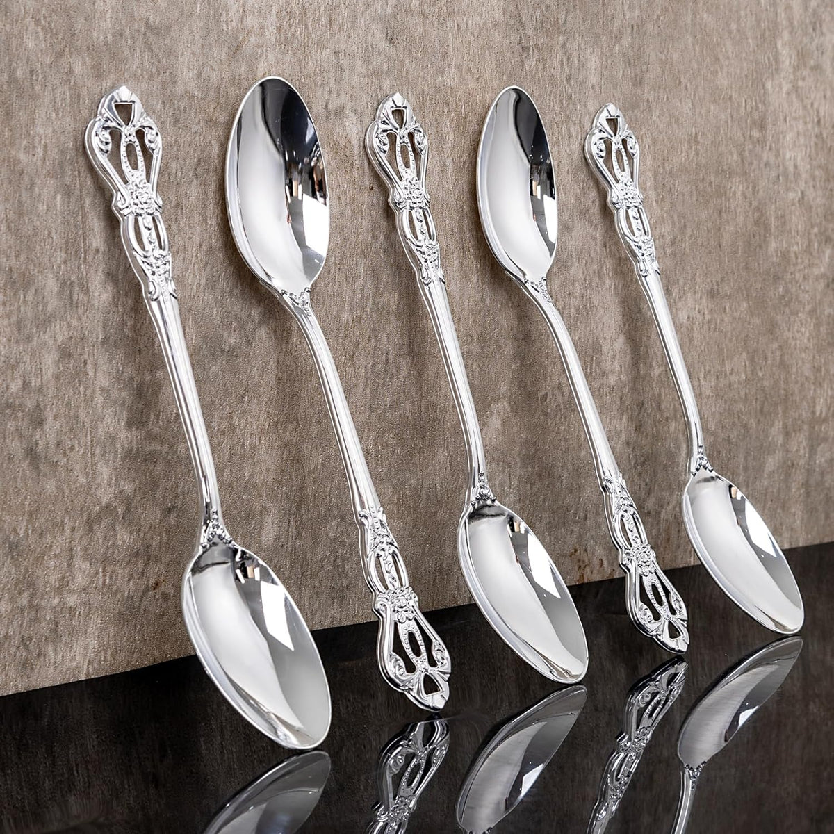 75PCS Silver Plastic Spoons - Silver Spoons Disposable - 8.1 Inch Heavy Duty Plastic Silverware - Heavyweight Elegant Disposable Utensils for Catering, Parties, Dinners, Weddings