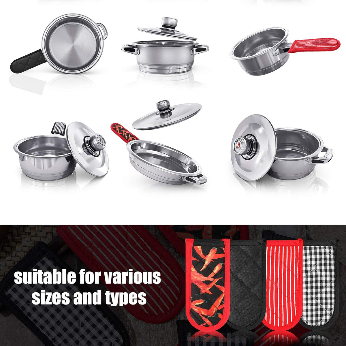 Geiserailie 8 Pieces Pan Handle Sleeve Heat Resistant Pot Sleeve Grip Non-Slip Skillet Pot Holder Machine Washable Cast Iron Handle Cover Cotton Assist Holder, 4 Styles, 3 x 6 Inch(Elegant Style)