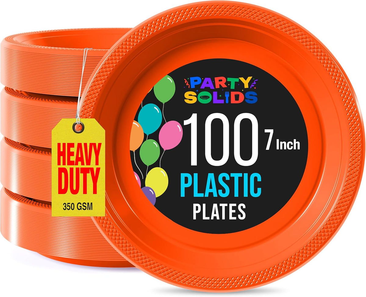 Exquisite Party Solids Orange Plastic Plates For Party 7" Orange Disposable Plates Heavy Duty Supplies 100 Pcs Plastic Dinnerware Sets Heavy Duty 350 GSM Disposable Dinnerware Set