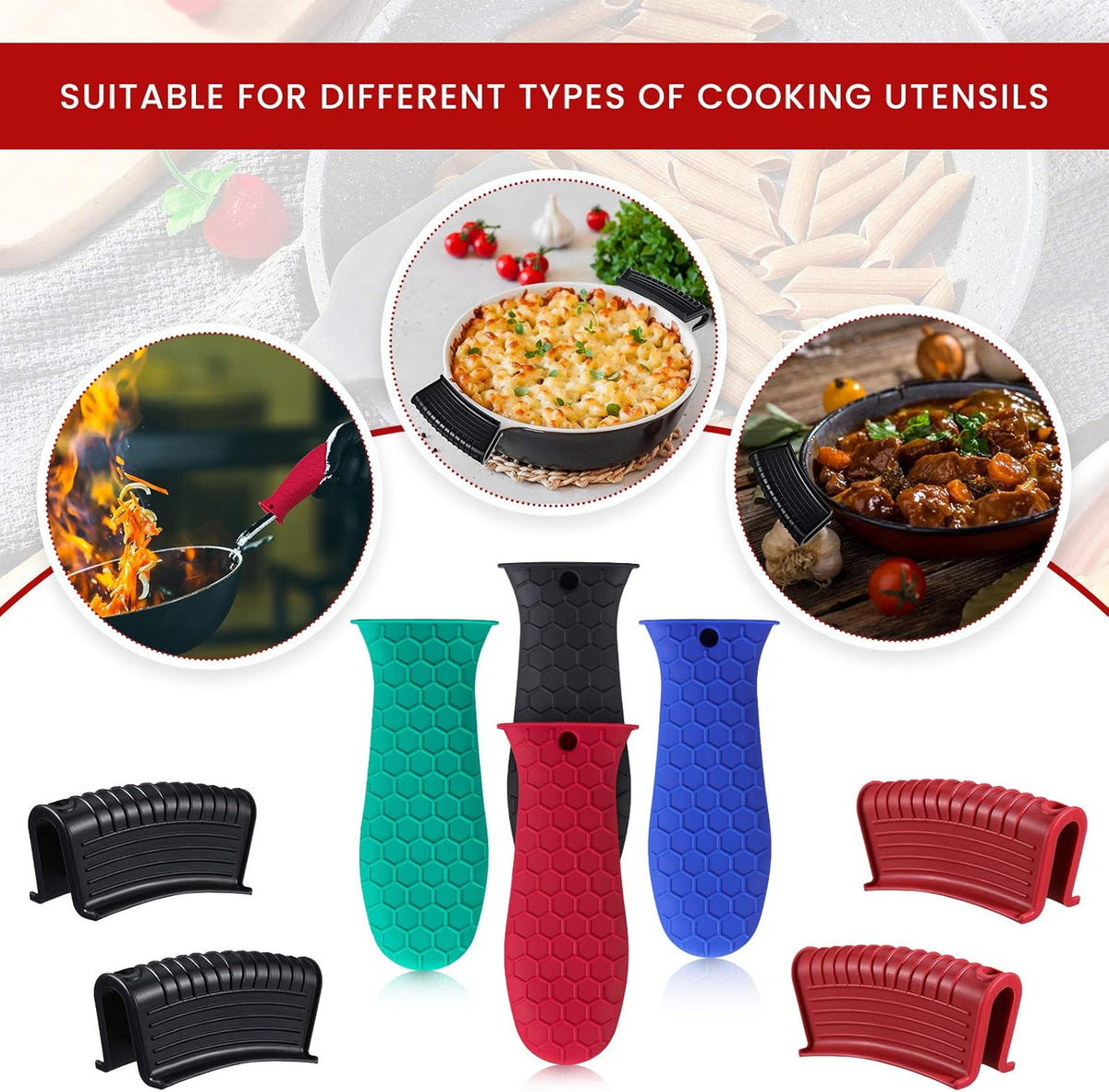Patelai 8 Pcs Silicone Pot Holders Set Cast Iron Handle Cover Heat Resistant Pot Handle Covers Potholder Non Slip Reusable Pan Sleeve for Frying Pan Kitchen Supplies(Blue, Red, Green, Black)