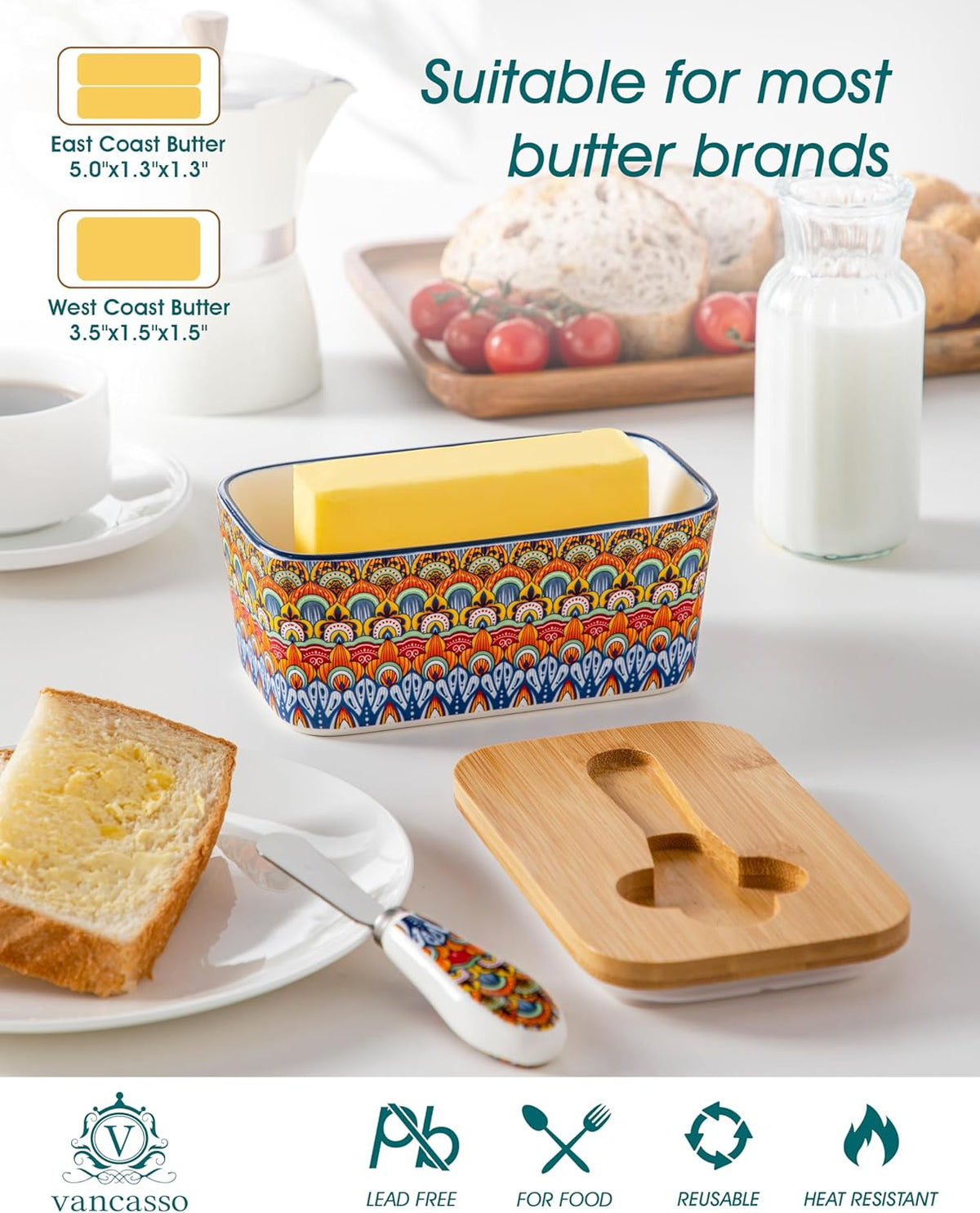 vancasso SIMI Butter Dish with Lid, 6.5" Large Butter Dish for Countertop, Bohemian Ceramic Butter Keeper Container with Knife and Bamboo Lid, Butter Holder for Counter, Regal Bloom