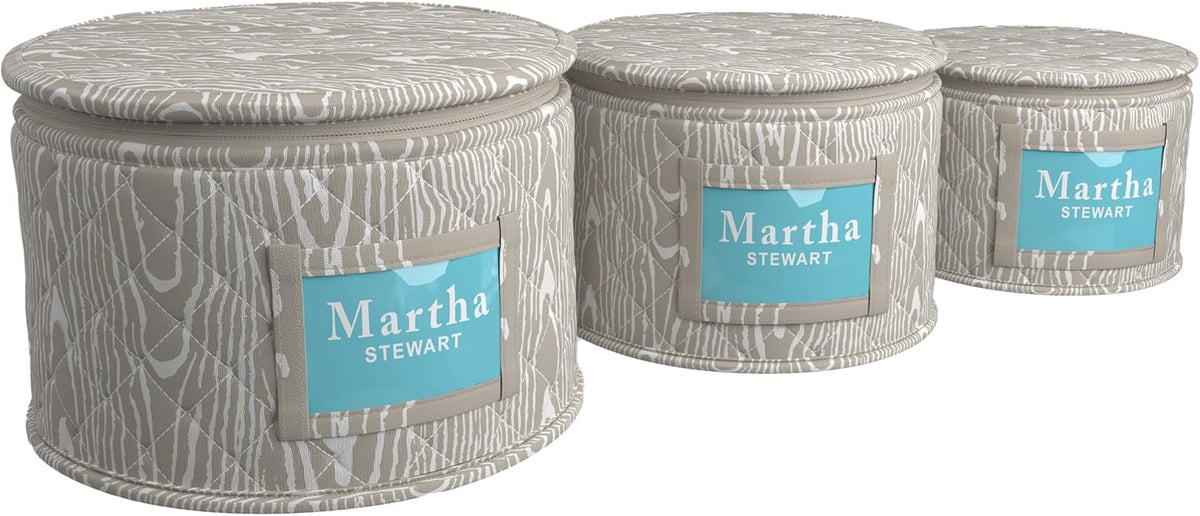 Martha Stewart Dinnerware Stemware Glassware Organizer Home Storage Container Case, 3 Piece Dinnerware Set Organizer For Dessert, Salad and Dinner Plates With Felt Dividers, Skyland Faux Bois