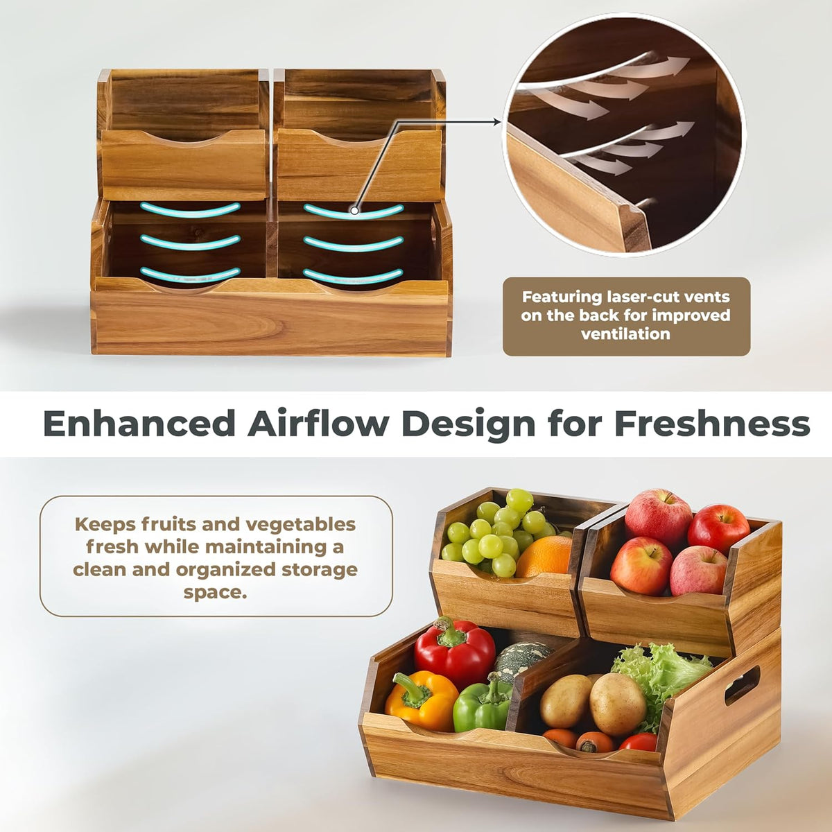 Acacia Wood Pantry Storage Bins - Stackable Open Front Kitchen Baskets with Airflow Vent for Potato, Onion, Fruit, Vegetable, and Bread Storage, Wood Organizer for Pantry and Countertop