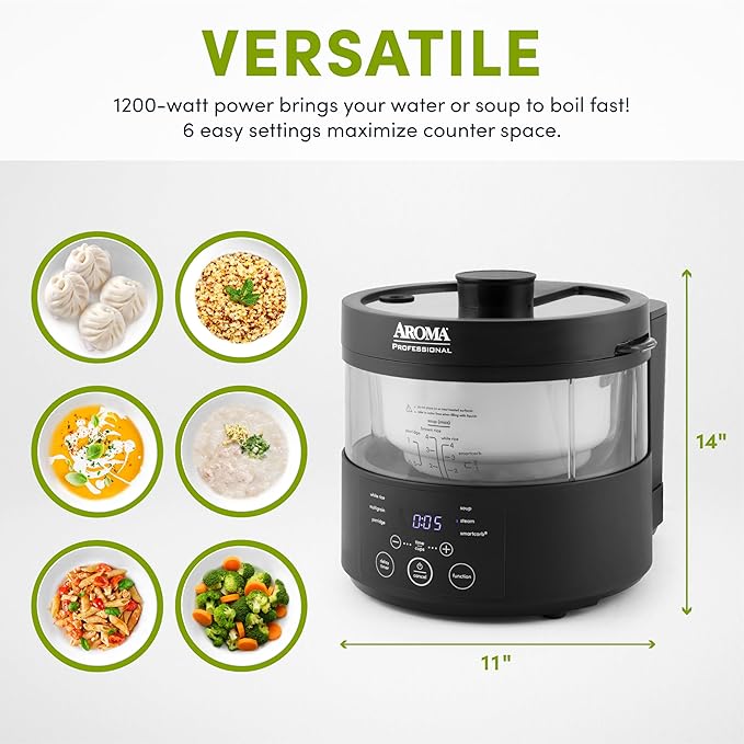 Aroma Housewares Professional 8-Cup (Cooked) SmartCarb Multicooker and Flavor-Lock Food Steamer for Low-Carb Rice and Grains, Glass Inner Pot, Black (AMC-800), Transparent Glass, 4 Cup Uncooked Rice