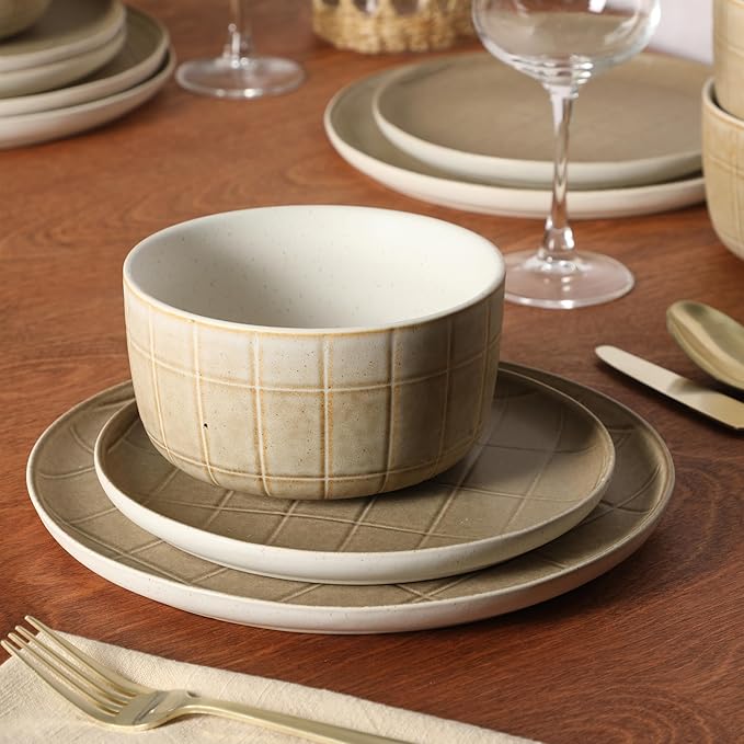 Gisbon Elite Butterwick 12 Piece Plates and Bowls Stoneware Dinnerware Set - Brown Blush Pink Reactive Glaze Patterned Dishes - Microwave and Dishwasher Safe