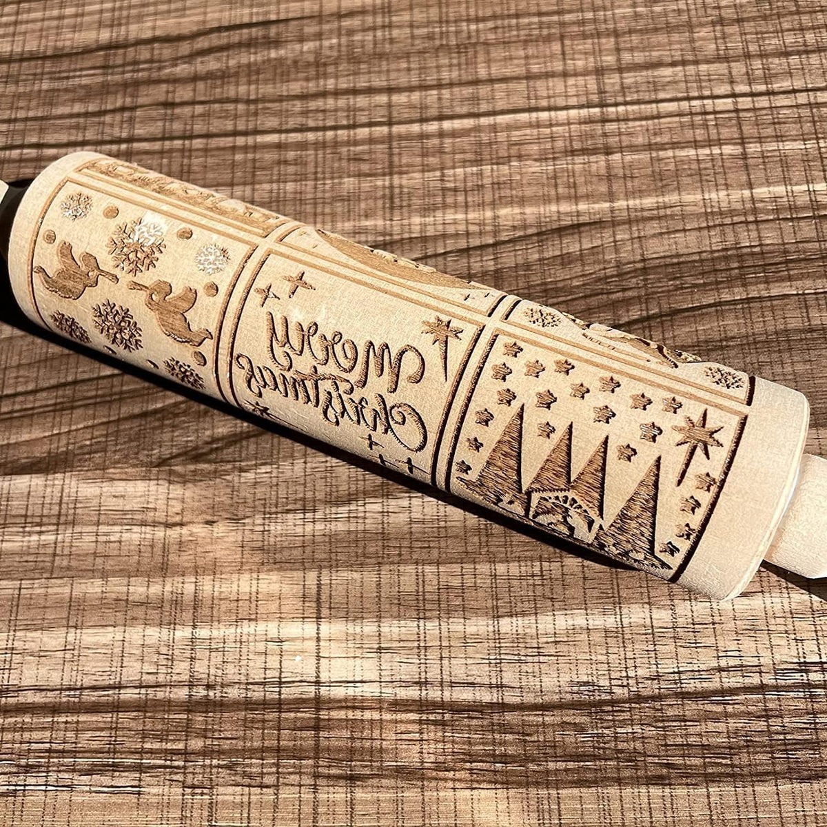 Christmas Wooden Rolling Pin for Baking Engraved Embossing Rolling Pin Cookie Stamps Roller Square Grid Cookies Mold Kitchen Decor Tools for Baking Embossed Cookies (9 Grilles Jesus)