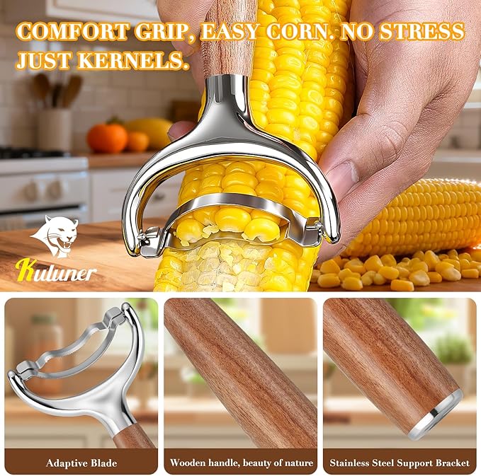 KULUNER Durable Stainless Steel Corn Peeler with Polished Wood Handle Corn on the Cob Stripper Kernel Remover Easy Use Corn Kernel Cutter Kitchen Gadget（Rosewood）