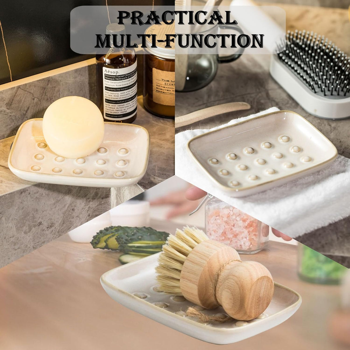 Soap Dish for Shower, Ceramic Soap Dish Non-Slip Soap Holder Bar Saver Tray for Bathroom Kitchen Sink, Floating Point Design Save Soap Loss
