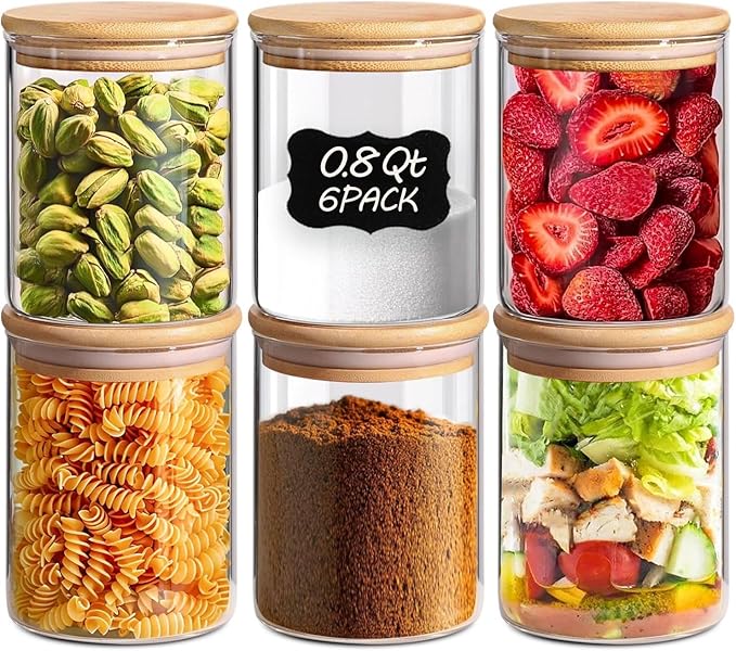 ComSaf 0.8 Qt Glass Food Storage Jars Set of 6, Clear Glass Storage Containers with Lids, Pantry Organization Jar, Spice Jar, Blooming Tea, Coffee and Sugar Container, Small Canister Set for Kitchen