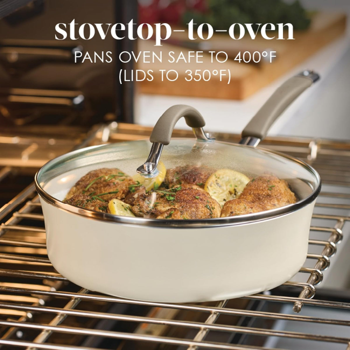 Rachael Ray Cucina Ceramic Nonstick Saute Pan with Lid, 3 Quart Non Stick Sauteuse Pan, Dishwasher Safe - Almond