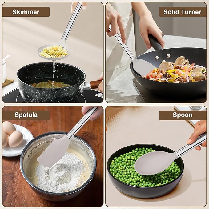 8 Pieces Kitchen Utensils Set, Vayvnt Silicone Cooking Utensils Set for Non-Stick Cookware, Stainless Steel Handle, Heat Resistant Kitchen Gadgets Includes Large Spatula Tongs, Dishwasher Safe, Khaki