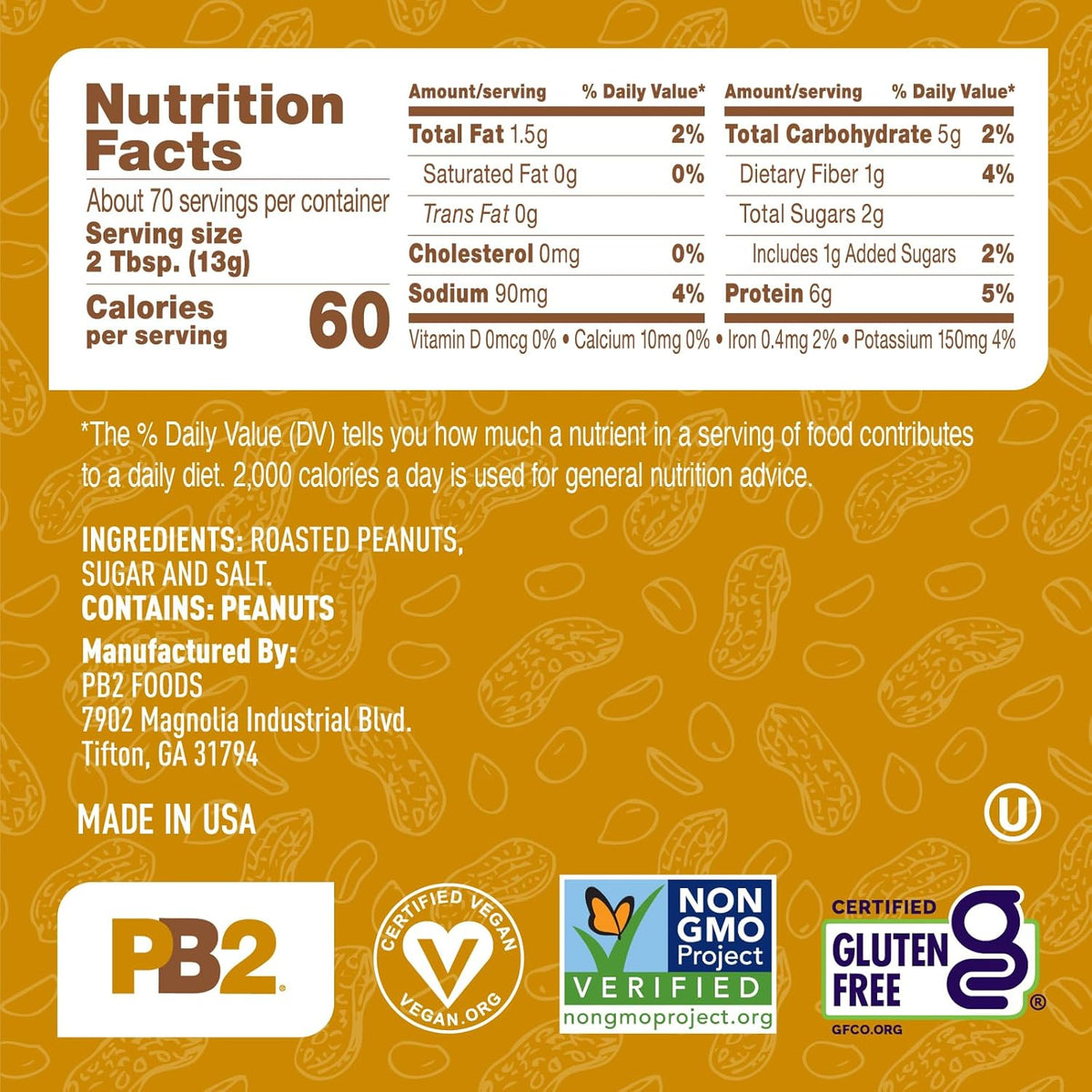 PB2 Powdered Peanut Butter Powder | 2LB Jar | Certified Gluten Free, Low-Carb, Keto Diet Friendly | Original Flavor with 6G of Protein, 90% Less Fat, 60 Calories Per Serving | Easy Mix for Healthy, Fit Diet