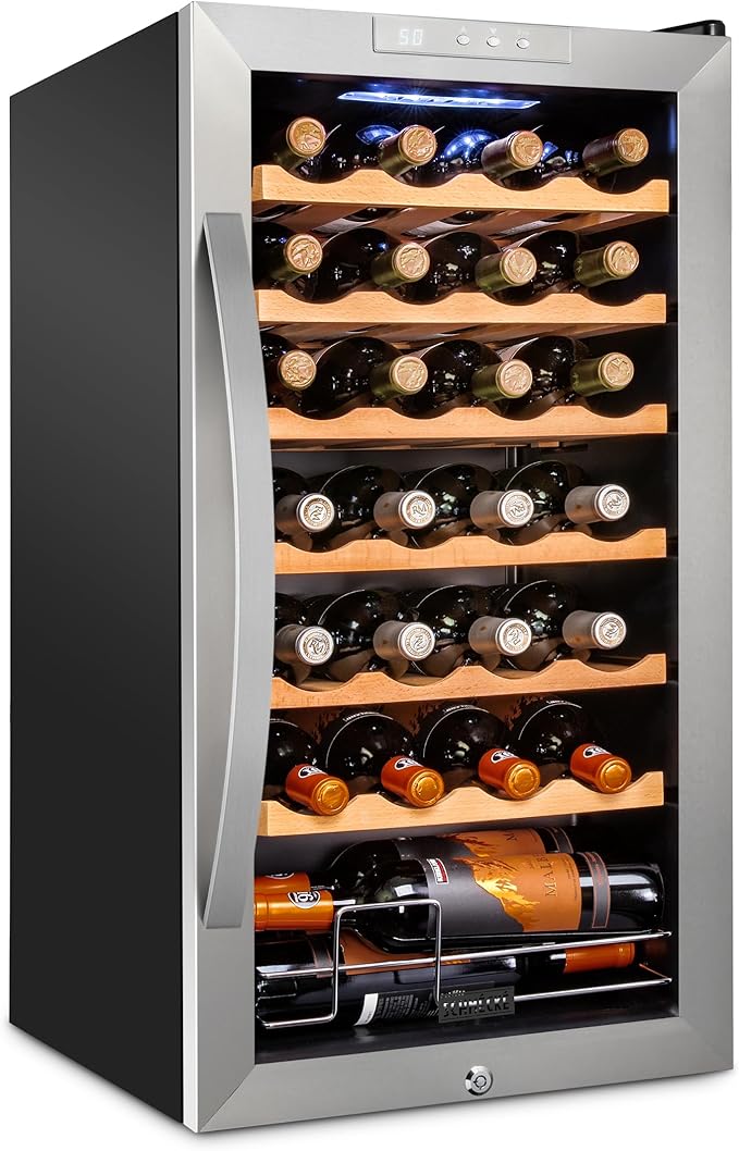 SCHMÉCKÉ 28 Bottle Compressor Wine Cooler Refrigerator w/Lock - Large Freestanding Wine Cellar For Red, White, Champagne or Sparkling Wine - 41f-64f Digital Temperature Control Fridge Stainless Steel
