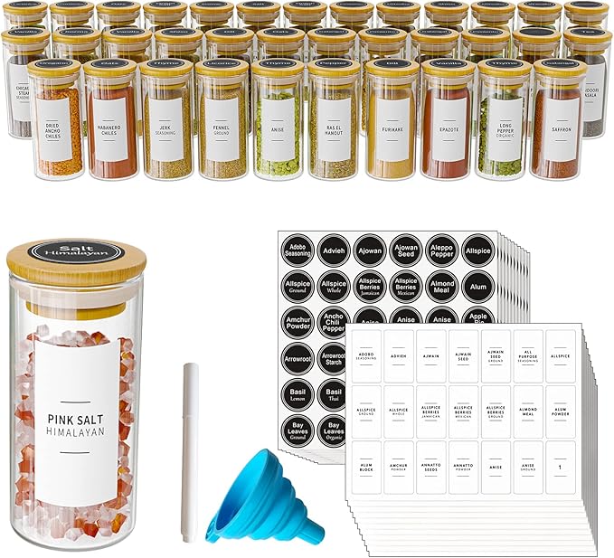 SpaceAid 36 Pcs Spice Jars with Bamboo Lids and Labels, Empty 4oz Glass Spice Bottles, Minimalist Farmhouse Spice Labels Stickers with Funnel, Seasoning Containers for Spice Rack, Cabinet and Drawer