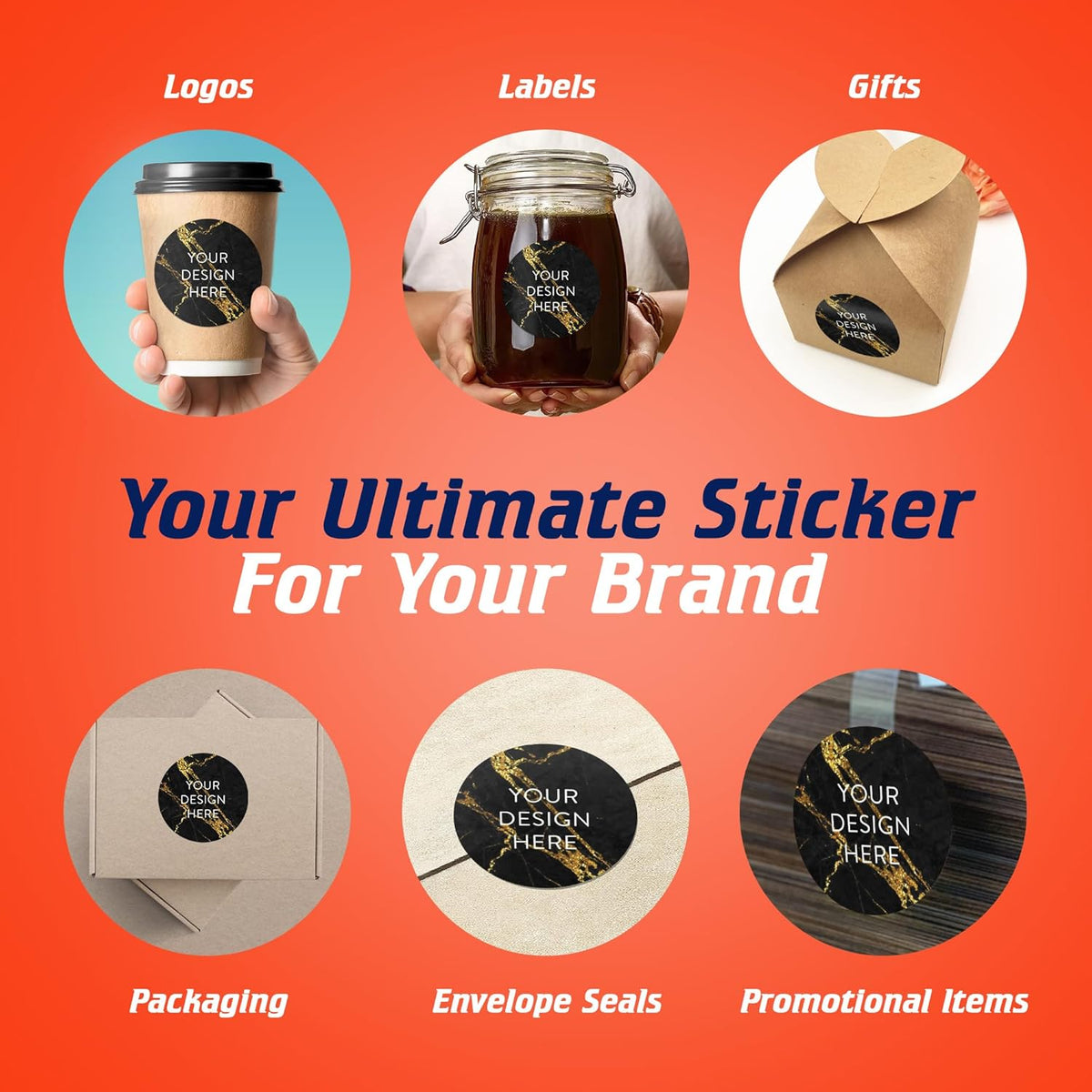 100 Custom Vinyl Stickers - Upload Your own Image, Text, Design, Logo - Personalized Logo Labels for Handmade, Packaging, Bottle, Jars, Candle, Brand Stickers (Black Gold Marble, 3x3)