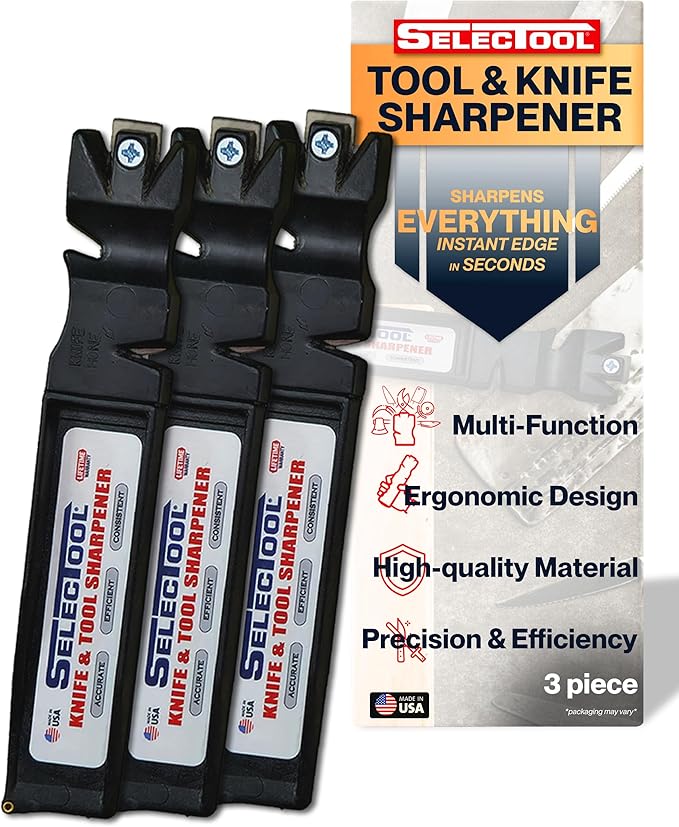 Selectool Tool and Knife Sharpener MultiTool Blade Sharpener for Kitchen Knives, Pocket Knife, Tools, Scissors, Axes & More, EDC Gadgets for Outdoor Hunting and Fishing, Effortless, Made in USA, 3 pcs