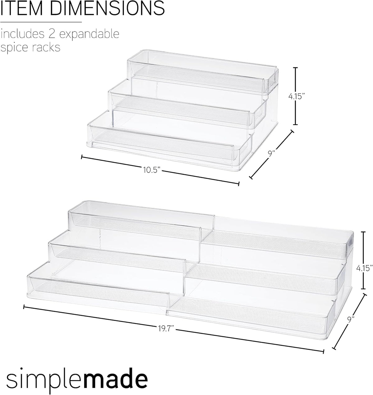 SIMPLEMADE 3-Tier Spice Rack Organizer - Versatile Storage Shelf for Kitchen, Bathroom, Bedroom & Office, Set of 2, Expandable Clear