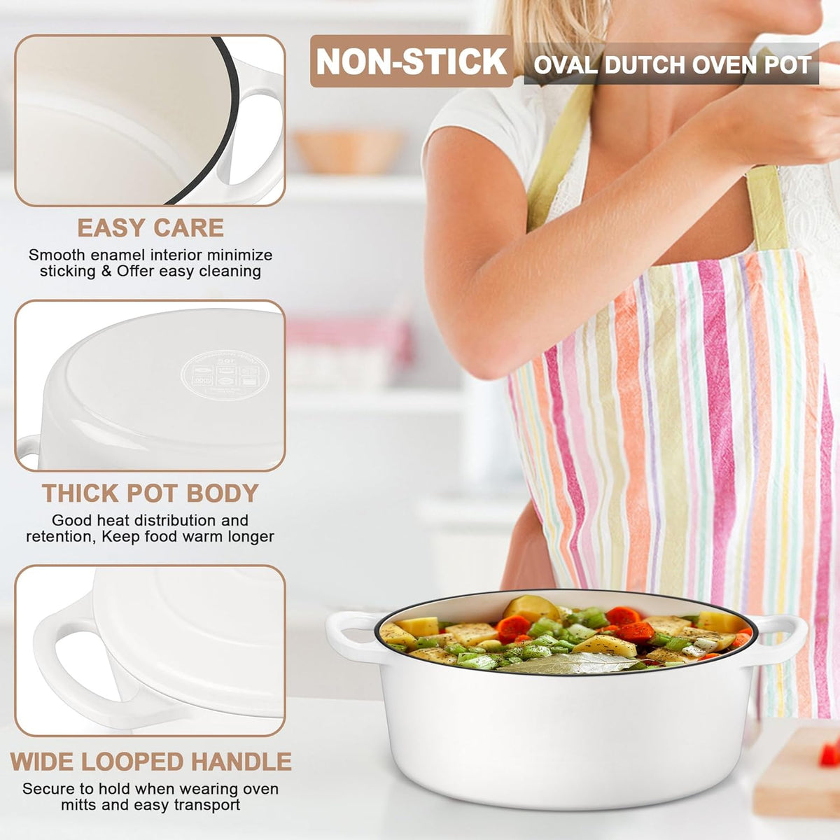 E-far 5QT Oval Dutch Oven Pot with Lid, Enameled Cast Iron Dutch Oven with Dual Handles for Sourdough Bread Baking Cooking, Nonstick Enamel Coated Cookware(White), Non-Toxic & Easy Clean