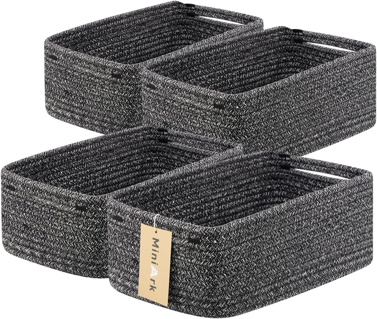 Small Storage Baskets for Organizing | Closet Organizer Bins | Shelf Toy Basket | Woven Rope Baskets | Cube Decorative Box | Shallow Basket | 13x8.5x5.1” | 4 Packs Dark Gray