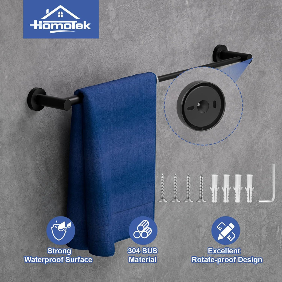 2 Pack Adjustable Towel Bar, HOMOTEK Economical Bathroom Towel Holders, Towel Rod Size from 12 Inch to 22 Inch Single Towel Racks, Wall Mount Towel Rail, Hanger Towel Hook for Kitchen(Matte Black)