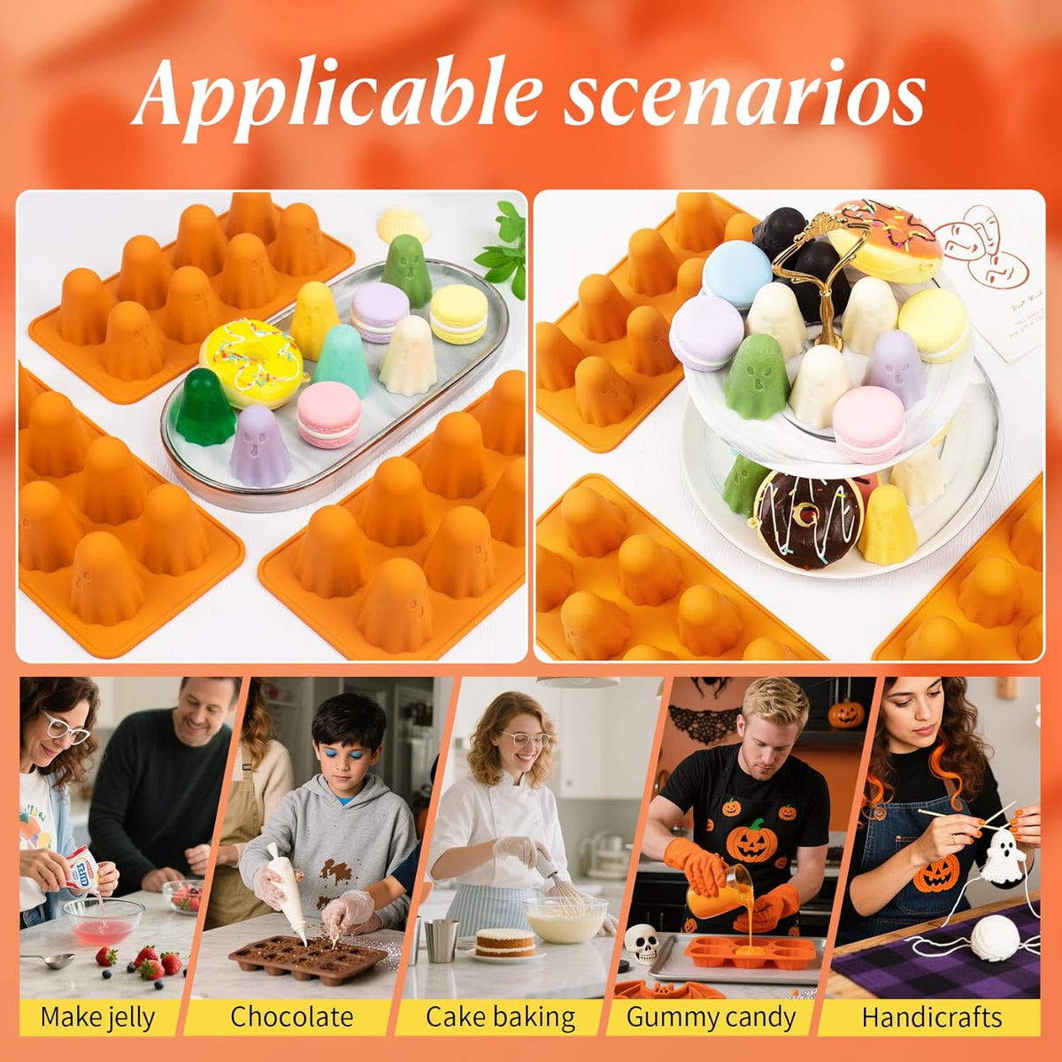 3pcs Halloween Ghost Jello Gummy Baking Silicone Mold with 20 Piping Bags,Halloween Ghost Ice Cake Pop Molds Silicone Non-Stick 3d Jello Shots for Chocolate Gummy Candy Pudding Resin Soap