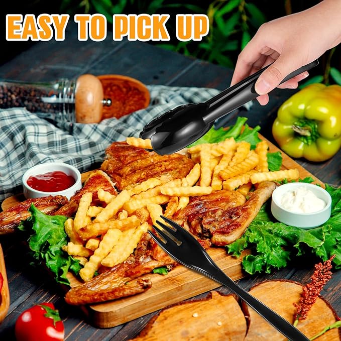 20Pcs Disposable Plastic Serving Utensils for Parties, Buffet Serving Utensils Set-8 Black Plastic Serving Spoons, 4 Tongs and 8 Forks for Catering, Entertaining and Parties