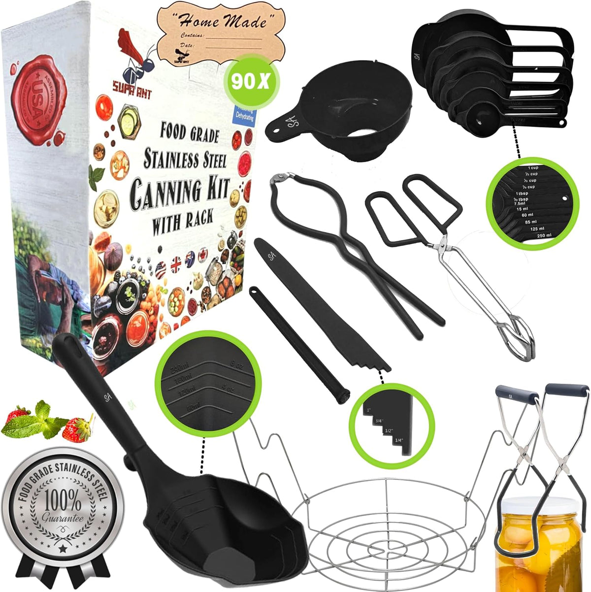 Supa Ant Black Canning Supplies Starter Kit-10 pc Canner Accessories with Canning Rack for Jars, XL Ladle, Wide Mouth Jar Funnel, Jar Lifter & Wrench, Bubble Popper/Measurer, Lid Lifter,Kitchen Tongs