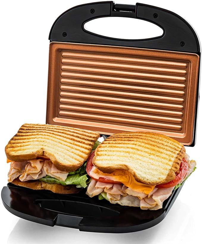 OVENTE Electric Panini Press Grill with Nonstick Plates, LED Indicator Lights, Thermostat Control, Compact Sandwich Maker Perfect for Cooking Breakfast, Steaks, Eggs Snacks & More, Copper GP0110CO