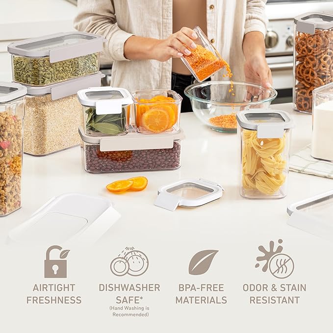 Bentgo Pantry - 22-Piece Airtight Food Storage Containers, Clear and Stackable Kitchen and Pantry Organization Set, Locking Lids for Freshness, Bonus Cereal Lid & Scoop, BPA-Free Plastic (White Stone)