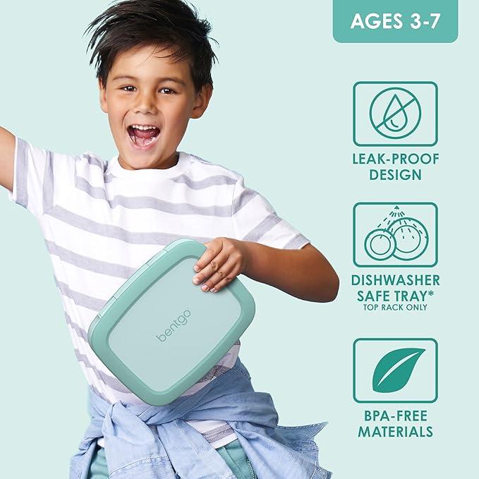 Bentgo Kids Bento-Style 5-Compartment Leak-Proof Lunch Box - Ideal Portion Sizes for Ages 3 to 7 - Durable, Drop-Proof, Dishwasher Safe, PFAS & BPA-Free & Made with Food-Safe Materials (Seafoam)