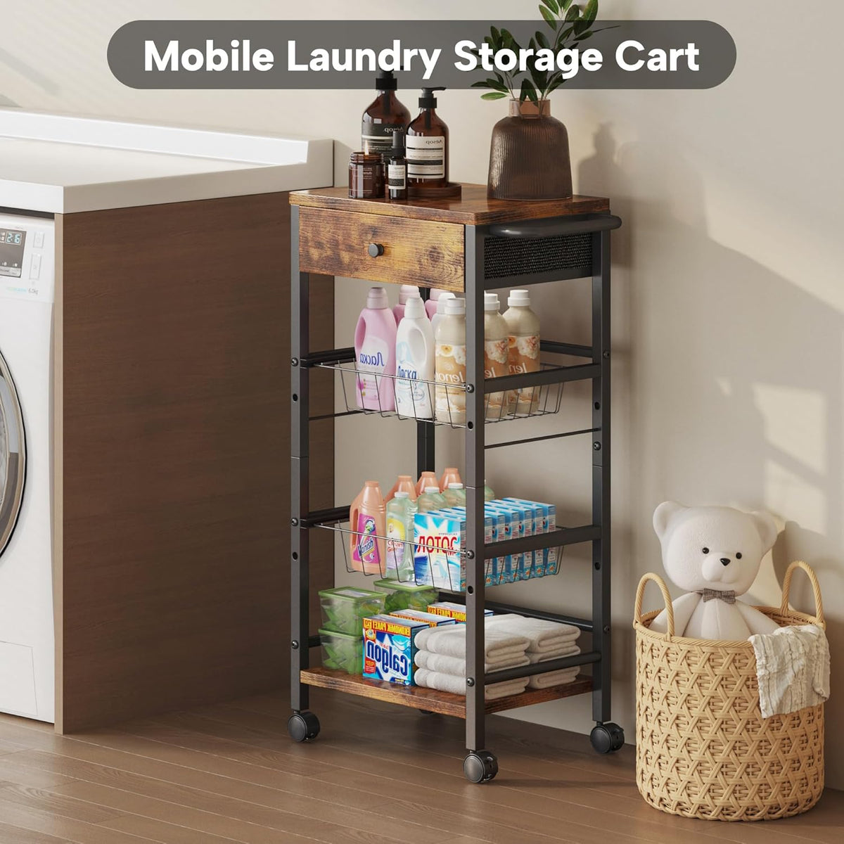 Kitchen Organizer and Storage Cart with Fabric Drawer and Convenient Handle, Snack Organizer Cart with 2 Pull-Out Baskets and 2 Storage Shelves, Rolling Kitchen Cart for Fruit Potato Onion Vegetable