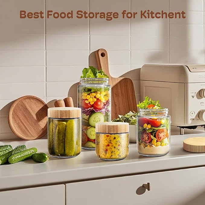 4 pack 16oz Overnight Oats Containers with Bamboo Lids, Glass Jars with Airtight Lids for Meal Prep, Wide Mouth Mason Salad Jars, Glass Food Storage Container for Yogurt Chia Snacks Spice Sugar