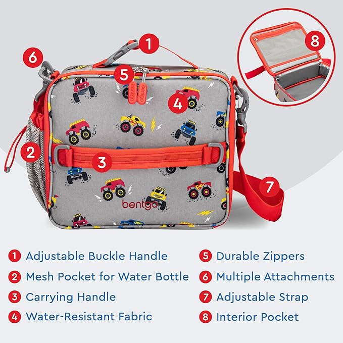 Bentgo Kids Lunch Bag - Double-Insulated, Reusable Lunch Bag for Kids 3+ with Adjustable Strap; Holds Lunch Box/Water Bottle/Snacks; Easy-Clean, Water-Resistant & Pockets (Trucks)