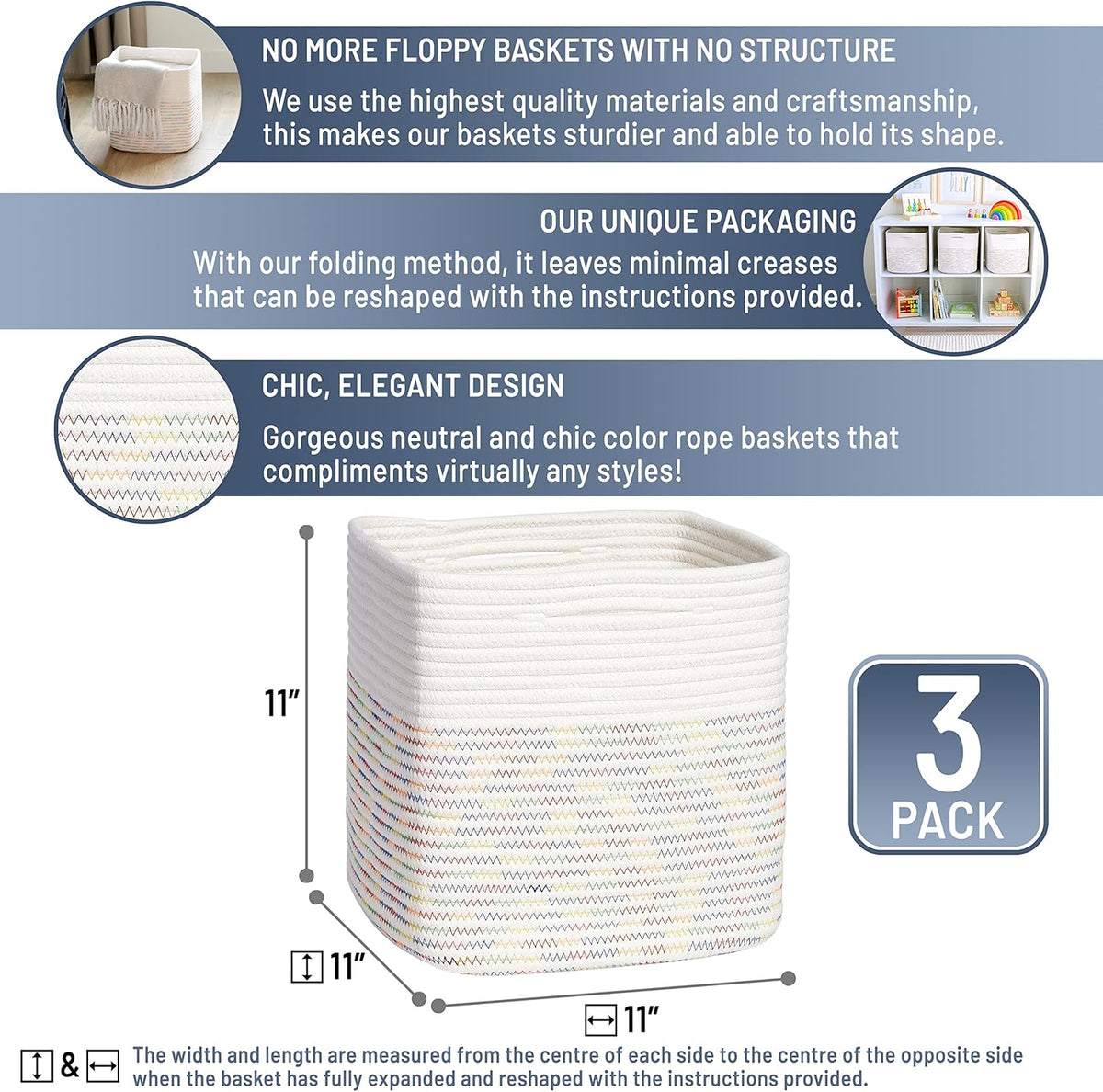 NaturalCozy Storage Cubes 11 Inch Cotton Rope Woven Baskets for Organizing, 3-Pack | Cube Storage Bin | Square Storage Baskets for Shelves Organizer, Classroom, Kids Toy Bins, Closet, Baby Nursery